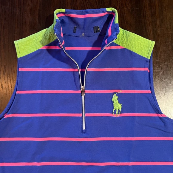 Ralph Lauren Royal Blue Sleeveless Polo Top w/Pink Stripes & Lime Green Accents - Picture 3 of 15